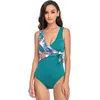 Swimwear Women's Floral Imprime-mail en maillot de bain une pièce Femmes Lace Up Monokini Bathing Cuisse 2024 Patchwork V Neck Bikini Boho