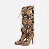 Stiefel gesungen Klassiker klassisches Hohlrock-Cross-Gurt Gladiator Frauen Peep Toe High Heels Kniehohe Sommer sexy Schnürung