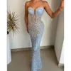 V-Neck Strapless Exquisite Sleeveless Pearls Evening Light Blue Elegant Beading Mermaid Gowns Party Prom Dress