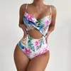 Women's Swimwear Hollow Push Up Floral Print Underwire Slimming Bikini Swimsuit High Waisted Bottoms White