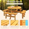 8-personers utomhuscirkulära träpicknickbord med 3 inbyggda bänkar för uteplats bakgårdsträdgård, naturlig