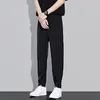 Men's Pants Men Suit Loose Ice Silk Thin Ankle-banded Pockets Elastic Waist Solid Color Gym Traning Business Trousers Ninth Sweatpants