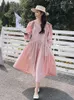 Casual Dresses Bow Splice Long Sleeve O-Neck Pink Dress for Women 2024 Spring Elegant Korean Style Loose A-Line Holiday 7651