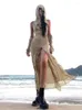 Vestidos casuais estilo moda estilo feminino de areia sexy desperdício de solo balaclava vestido de design slim slit fenda longa longa