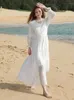 Casual jurken Jastie 2024 Spring en herfstwit voor vrouwen Frans splicing kant elegante lange jurk v-neck mouw luxe ontwerp