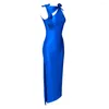 Lässige Kleider 2024 Blue Fleuled Bow Blume Wrap Frauen Langkleid ärmellose elastische schlanke Fit Schlitz Saum Frau