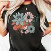 女性のTシャツフラワープリントクルーネックTシャツカジュアルショートSLVE Tシャツ夏の服印刷カジュアルストートレディースシャツY240420