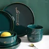 Plates Green Ceramic Gold Inlay Plate Steak Nordic Style Tableware Bowl Ins Dinner Dish High End Porcelain Dinnerware Set