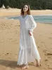 Casual jurken Jastie 2024 Spring en herfstwit voor vrouwen Frans splicing kant elegante lange jurk v-neck mouw luxe ontwerp