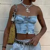 Womens Button Down Denim Bustier Crop Top Strapless Jeans Corset Backles Push Up Tank Tops Vintage Harajuku Streetwear 240407