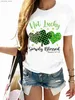 Women's T-Shirt St. Patricks Day Womens T-shirt - Four-leaf Clover and Heart Print Casual Short Slve Crew Neck Top Y240420