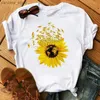 Women's T-Shirt Sunflower with Dragonfly Women Tshirt Harajuku Short Slve Black T Shirts Cartoon Casual Tops Ts Clothes Y240420