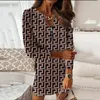 Casual Dresses Fashion Women Long Sleeve Mini Dress Sexy Zipper Design V-Neck Printed Office Ladies Elegant Pullover Straight