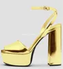 Elbise ayakkabılar büyüleyici altın gümüş patent deri tıknaz topuk sandallar gözetleme peep toe yüksek platform ayak bileği kayışları kalın düğün topuklu