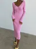 Casual klänningar 2024 vinter kvinnor tröja klänning mode v-ringen långärmad smal passform mitt kalv stickat kontor arbete botten rosa