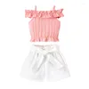 Vêtements Ensembles d'été pour enfants, bébé fille tenues mignonnes à épaule volante rose rose shorts ensembles de vêtements décontractés