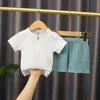 05Y Boys Girls Clothing Sets Summer Solid Cotton Linen TshirtsElasctic Shorts Kids Clothes Casual for Children 240410