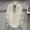 Kvinnors blusar Borvemays 2024 Autumn White Shirt Elegant Mesh Patchwork Stand Collar Long Sleeve Single-Breasted Pleated WZ5079