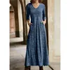 Casual Dresses Autumnwomens V-ringning tryckt långärmad fickans pulloverklänning Kvinnor Kläder S-3XL JURKEN ROBE VESTIDO