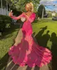 Party Dresses Fuchsia Pink Sparkly Long Sleeve Evening Formal For Black Girl Luxury Diamond Tassel African Prom Gala Gown Birthday