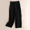 Women's Pants Elastic Waist Straight Flax Wide Leg Trousers Women Solid Color Pockets Casual Female Lady Clothing