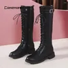 Botlar Comemore Kadınlar 2024 Dantel Up Knight Boot Kemer Tokalı Kadın Önlük Uzun Sonbahar Ayakkabı Bayanlar Uyluk Yüksek Büyük Boyutu 43