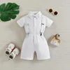 Clothing Sets Baby Boys Cotton Gentleman Suit Baptism Birthday Wedding Party Outfit Short Sleeve Shirt Romper With Suspenders Pants Bow Tie