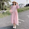 Casual Dresses Bow Splice Long Sleeve O-Neck Pink Dress for Women 2024 Spring Elegant Korean Style Loose A-Line Holiday 7651