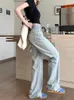 Jeans femminile striscia verticale a blu chiaro stile larghi vanti pantaloni da donna vintage ragazza casual