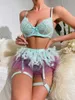 Bras Sets Design Sexy Lingerie Solid Lingerie Feather MeshThere Piece Setwear