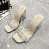 Slippers 2024 Summer Online Red Transparent Sandals With Beading Women High-heeled Crystal Square Head Sexy Women's Shoes