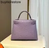 Cowhide Handbag Handmade Ostrich Skin Lavender Purple Bag 25cmプレミアムバッグシルバーボタンハンド縫製