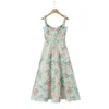 7021 Summer Womens Style Green Color Matching Split Mid Length Suspender Dress