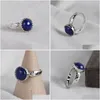 Clusterringe FNJ 925 Sier Round Lapis Ring für Frauen Schmuck Original reiner S925 Sterling Natural Blue Stone Drop Lieferung DHYK1