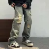 Network Picture: High Street American Style Washed and Distressed Jeans, Men's Loose Hip-hop Straight Leg Pants with A Sense of Drape