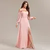 Festklänningar Kvinnor Stripless Pink Long Sleeved Bridesmaid Chiffon Free Wear Square Neck Glows Elegant Dress for Wedding