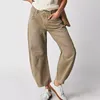 Dames jeans mode denim broek massieve kleur hoge taille gewassen met zakken casual losse wide been lange broek