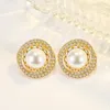 Boucles d'oreilles Hoyon Fashion Double Zircon Pearl pour les femmes Bijoux élégants et exquis de haute qualité 24k Diamond