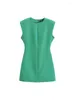 Vestidos casuais femininos moda ombro bloco verde high wist mini vestido primavera verão 2024 sem mangas o-pescoço zagueiro zíper slim
