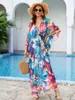 Kleurrijk strand bedekt voor vrouwen plus maat kaftan badpak lange chiffon flowy losse maxi jurk badmode tuniek Q1559