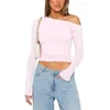 Women's T Shirts Sexy Cropped Top Off Shoulder Women T-shirt 2024 Spring Summer Fashion Long Sleeve White Ruched Woman Irregular Tight