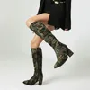 Boots Army Green Color Camouflage Camo Pattern Cool Women Botas Block High Heels Shoes With Pocket Zip Up Knee-high Western Ride