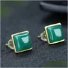 Kolczyki stadninowe Sprzedawanie naturalnego ręcznie rzeźbionego złota kolor 24K InLay Jade Square Studs Fashion Biżuter