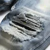 Jaqueta de jeans de crachá bordados masculinos, jeans rasgados 2pcs, conjunto de mangas compridas e calças de streetwear de rua de rua 240415