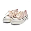 Casual Shoes 2024 Women Quality Summer Thick Sole Canvas Low Top Girls Students Pink Printed Sneaker Soft Latex Insole Silk Ribbon Lace