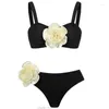 Women Swimodwear 2023 Solidny kolor Sexy Zebrany trójwymiarowy trójwymiarowy projekt kwiatowy podzielony damski bikini stroju kąpielowe czarne liście