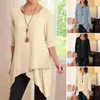 Women's Blouses Soft Blouse Stylish Spring Summer Casual Tops O-neck Long Sleeve Irregular Hem Pullover Solid Color Tee Shirt Plus Size