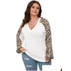 Womens Plus Size T-Shirt Herbst Winter Winter V-Ausschnitt Tops Frauen Leoparden Druck Patchwork LG Ärmeln Modis Damen Blusen lässig Lose Frau 202 otnln