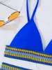 Women's Swimwear Blue Print Swimsuit Bikini Women Solid Color Sexy High Leg Thong Bikinis 2024 Female 2 Piece Bathing Suit Beachwear