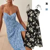 Casual Dresses French Style Off-Shoulder Retro Elegant Black Background With Scattered Flowers Shoulder Shoelace Waist Slit Hemline At Hem